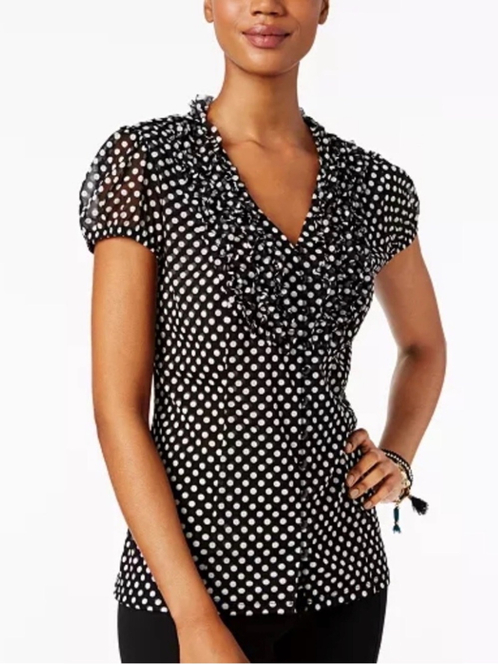 INC International Concepts Black White Polka Dot Ruffle Sheer V-Neck Blouse L